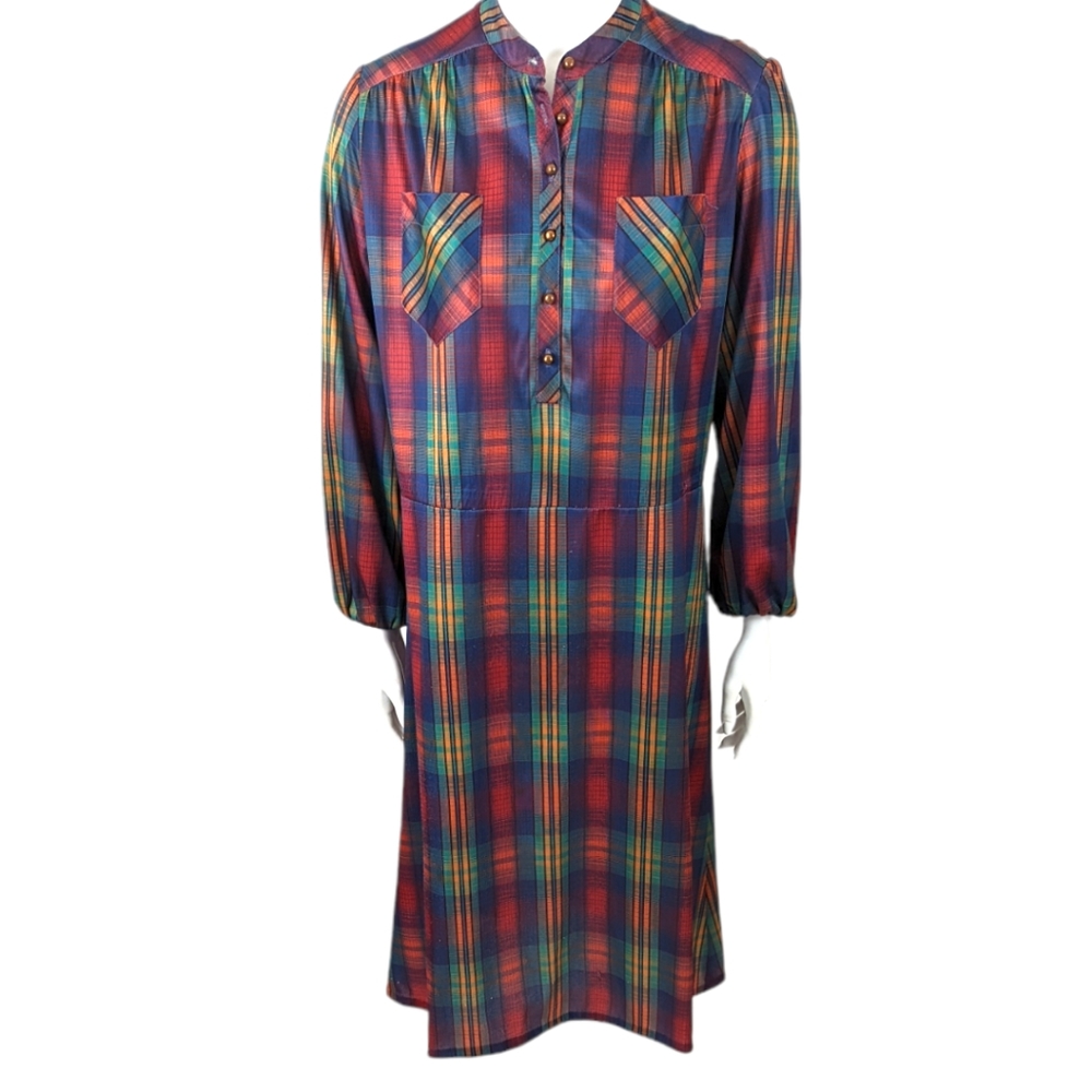 Vintage 70s Secretary Dress Plaid Button Midi Women's L Red Orange Blue